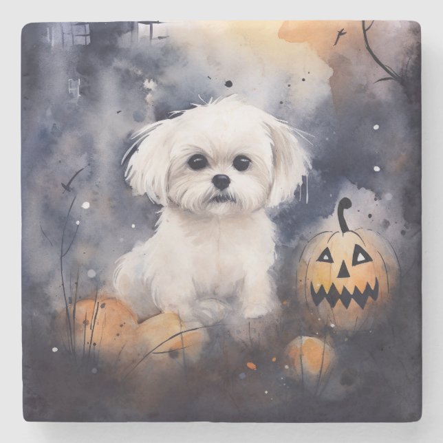Halloween Maltese with Pumpkins Scary Stenunderlägg (Framsidan)