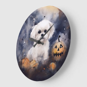 Halloween Maltese with Pumpkins Scary Stor Klocka