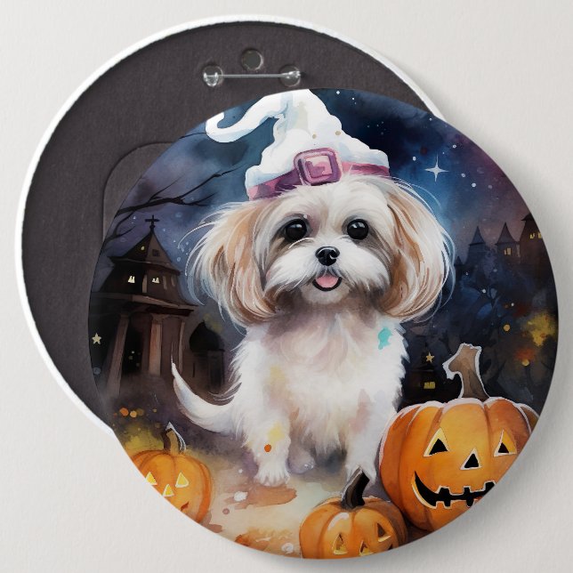 Halloween Malti Tzu med pumpor Scary Knapp (Framsida & baksida)
