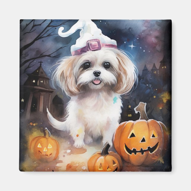 Halloween Malti Tzu med pumpor Scary Magnet (Framsidan)