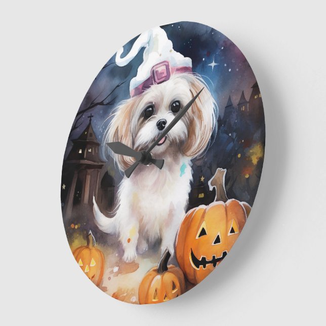 Halloween Malti Tzu med pumpor Scary Stor Klocka (Vinkel)