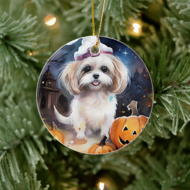 Halloween Malti Tzu Med Pumpor Skräckinjagande Julgransprydnad Keramik (Träd)