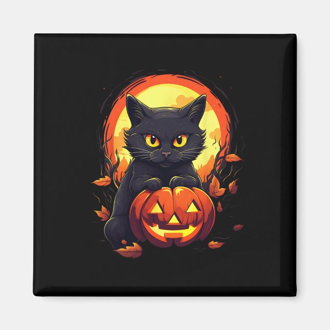 Halloween Måne Black Cat och Pumpkin För manar kvi Magnet (Framsidan)