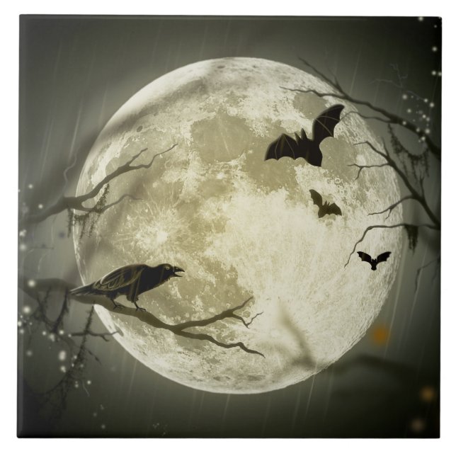 Halloween Måne-Kråkor Kakelplatta (Framsidan)