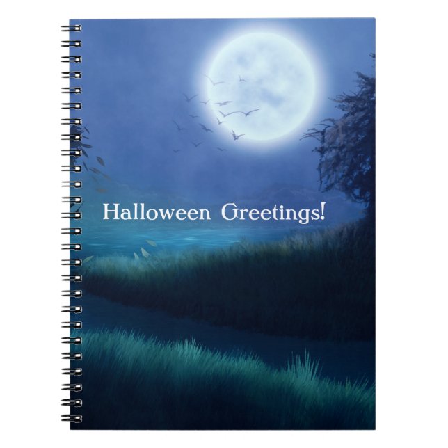 Halloween Måne på natten i Shades Blue & Grönt Anteckningsbok (Framsidan)