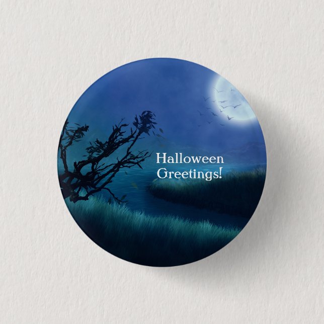 Halloween Måne på natten i Shades Blue & Grönt Knapp (Framsida)