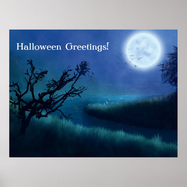 Halloween Måne på natten i Shades Blue & Grönt Poster (Framsidan)