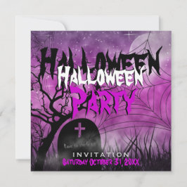 Halloween Måne+Spindelnät Rosa+Svartvit inbjudan