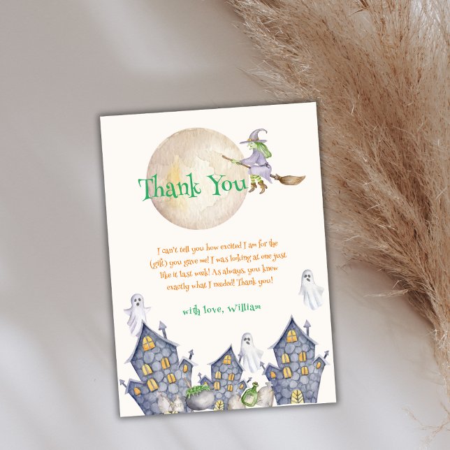 Halloween Måne Witch House Baby Shower Tack Kort (Halloween Moon Witch House Baby Shower Thank You Card)