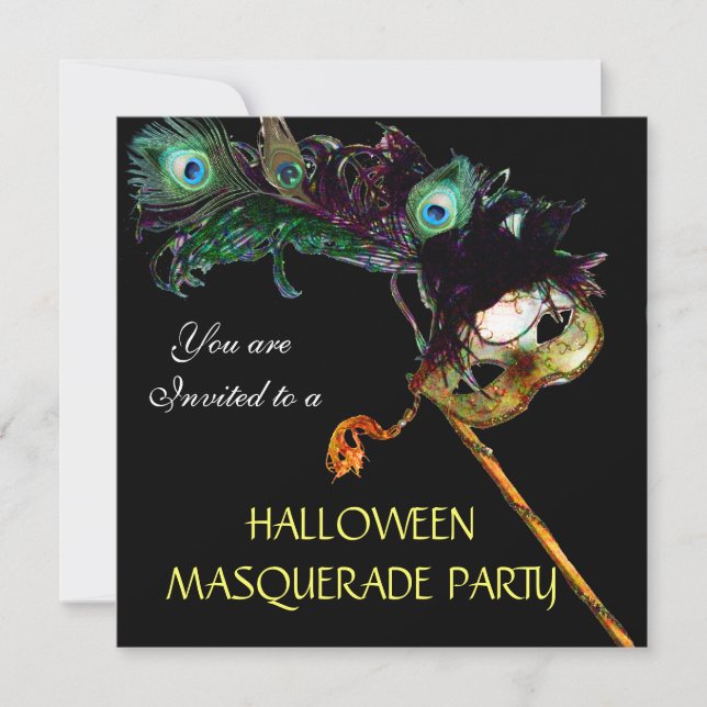 HALLOWEEN MASKERADE FEST, Svart gul blå Inbjudningar (Framsida)