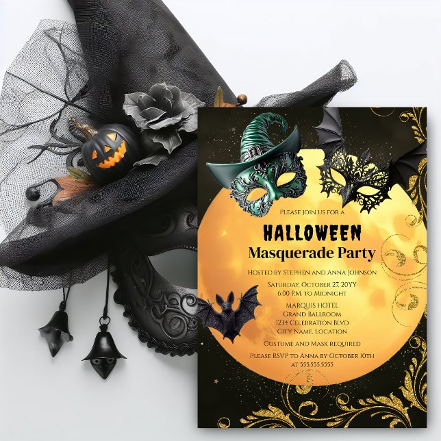 Halloween MasqueraCostume Party Inbjudningar (Full moon, bats, and Halloween masquerade costume party invitation front.)
