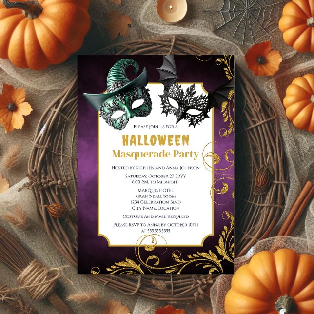 Halloween MasqueraCostume Party Inbjudningar (Halloween masquerade party invitation front.)