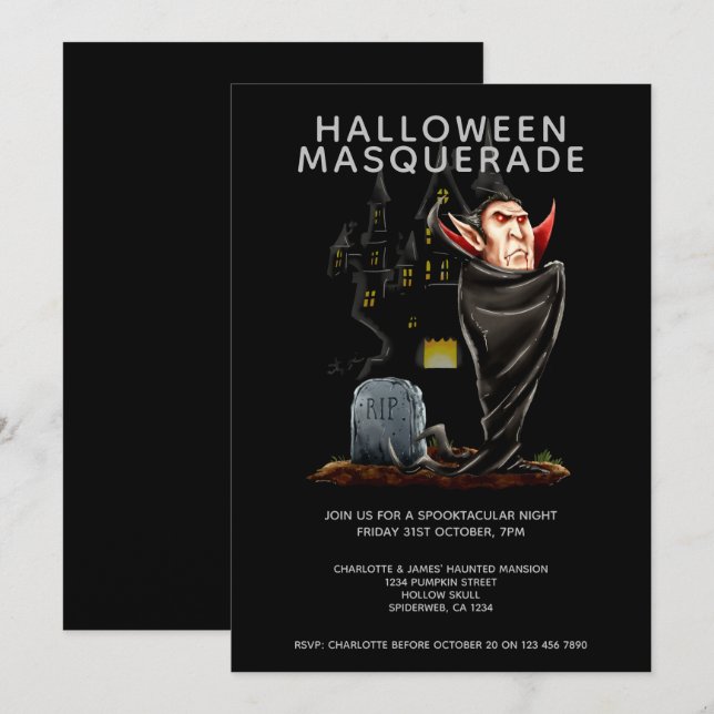 Halloween MasqueraCount Dracula och Grave Inbjudningar (Fram/baksida)