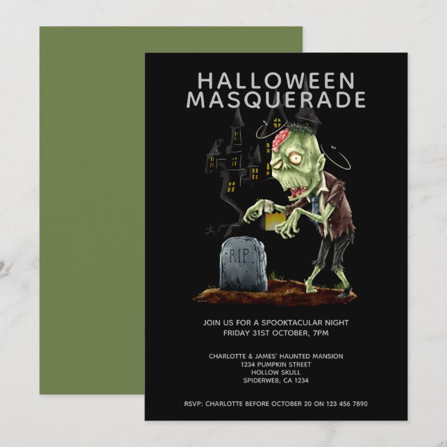 Halloween MasqueraZombie Brain och Grave Inbjudningar (Fram/baksida)