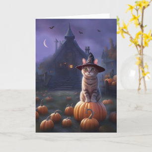 Halloween med Cute Cat och Pumpkins Scary Mansion Kort