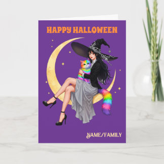 Halloween med fantasifull häxa och regnbågskatt kort
