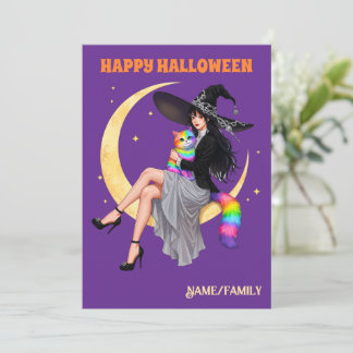 Halloween med fantasifull häxa och regnbågskatt kort