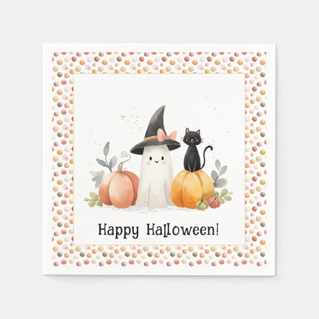 Halloween med fantasifull spök och svart katt pappersservett (Framsidan)
