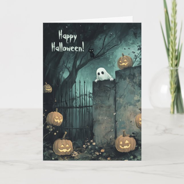 Halloween med Ghost och Black Cat Tack Kort (Framsida)