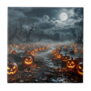 Halloween med kusliga träd och Jack O Lanterns Kakelplatta
