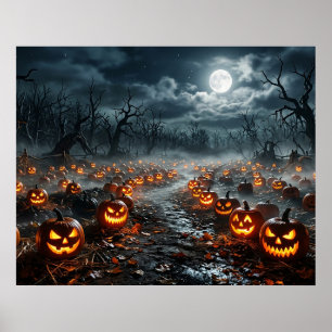 Halloween med kusliga träd och Jack O Lanterns Poster