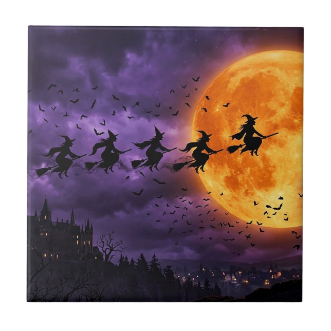Halloween med måne och häxa kakelplatta (Framsidan)