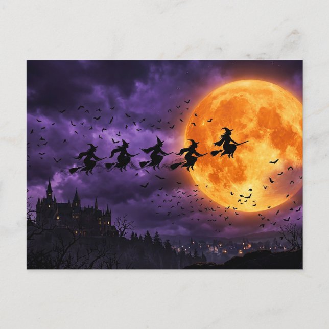 Halloween med måne och häxa vykort (Framsida)