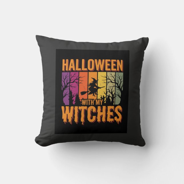 Halloween med mina häxor Retro solnedgång Kudde (Framsida)