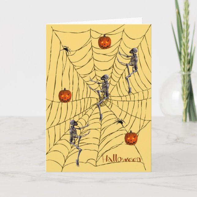 Halloween med Skeleton, Pumpkins, Spiders och Webb Kort (Framsida)
