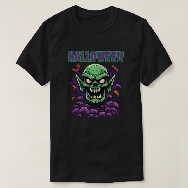 Halloween Menacing Grönt Goblinoid Monster Head T Shirt (Design framsida)