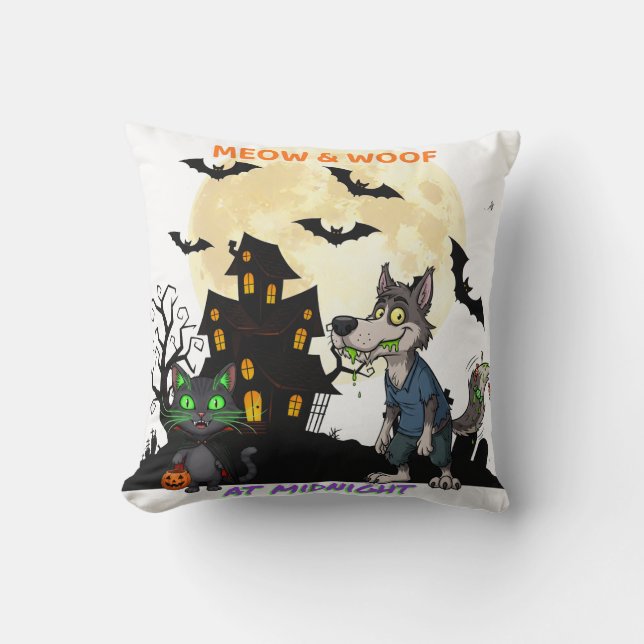 Halloween "Meow & Woof at Midnight" Kat & Werevarg Kudde (Framsida)