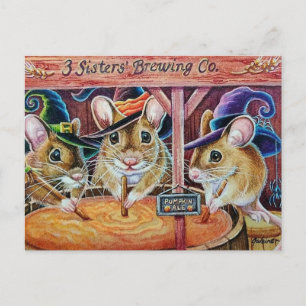 Halloween Mice Brewing Pumpkin Ale Watercolor Art Vykort