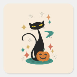 Halloween Mid Century Black Cat Sticker Fyrkantigt Klistermärke