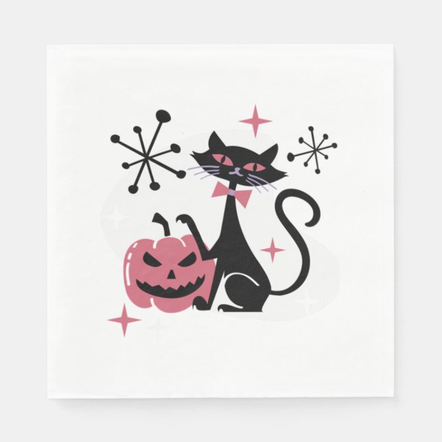 Halloween Mid Century Retro Black Cat Pappersservett (Framsidan)