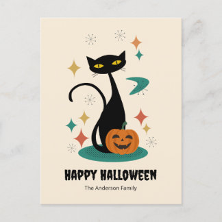 Halloween Mid Century Svart Katt Helg Vykort