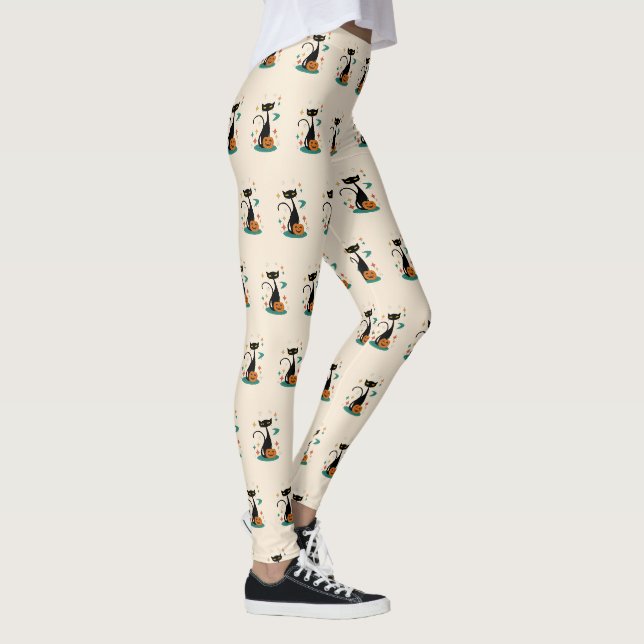 Halloween Mid Century Svart Katt Leggings (Höger)