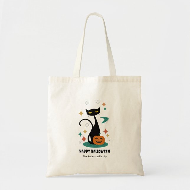 Halloween Mid Century Svart Katt Tygkasse (Framsidan)
