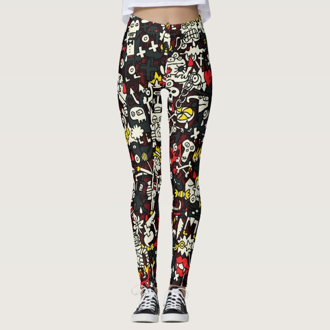 Halloween Mini Doodle Vintage Mönster Leggings (Framsida)