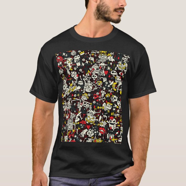 Halloween Mini Doodle Vintage Mönster T Shirt (Framsida)