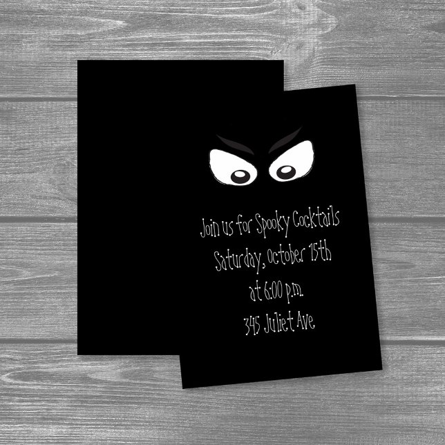 Halloween-minimalistiskt Cute Whimsical Ghost Ögon Inbjudningar (Black Halloween cocktail party invitation with spooky glowing eyes design.)