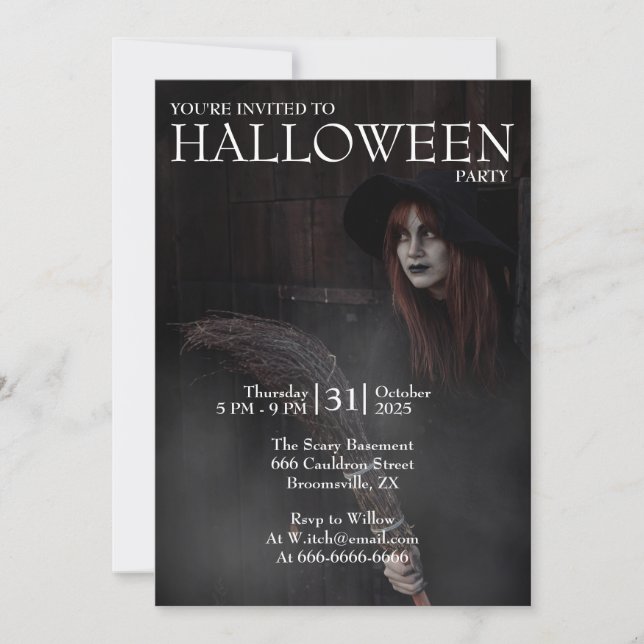 Halloween Modern Gothic Witch Broom Dark Barn Inbjudningar (Framsida)