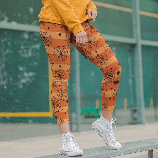 Halloween Modern Orange Black Fladdermus Spindelnä Leggings (Skapare uppladdad)