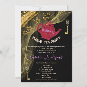Halloween Möhippa Red Tea Pot & Guld Döskallar Par Inbjudningar
