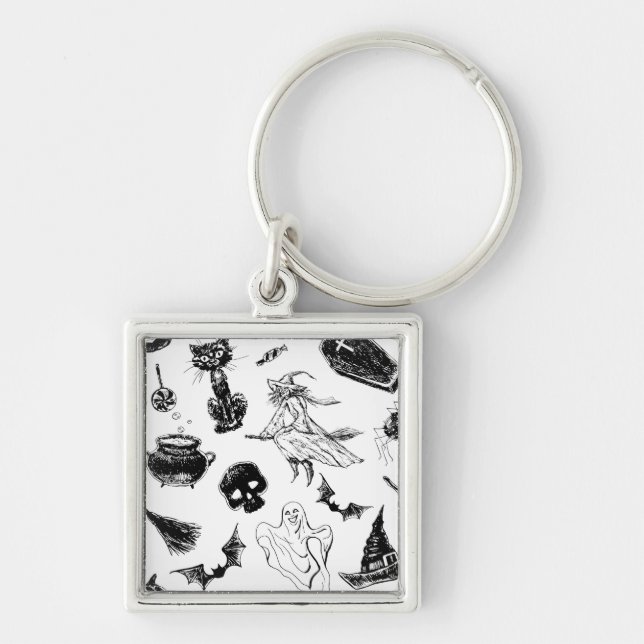 Halloween mönster-design fyrkantig silverfärgad nyckelring (Framsidan)