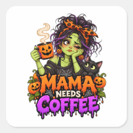 Halloween Monster Familj – Mamma Monster Kaffe Fyrkantigt Klistermärke