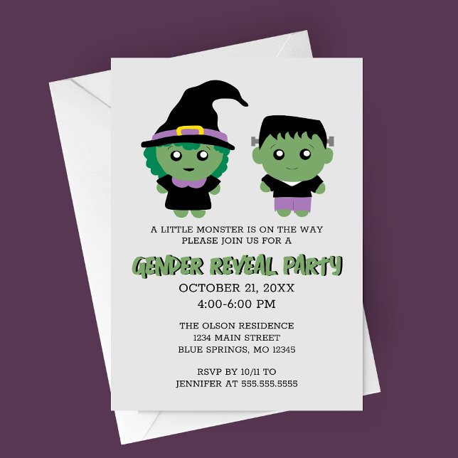 Halloween Monster Gender Reveal Party-inbjudan Inbjudningar (Witch or Monster Halloween Gender Reveal Party Invitation)