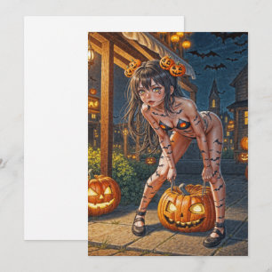 Halloween-monster Jack-o-Lantern & fladdermus-tjej Inbjudningar