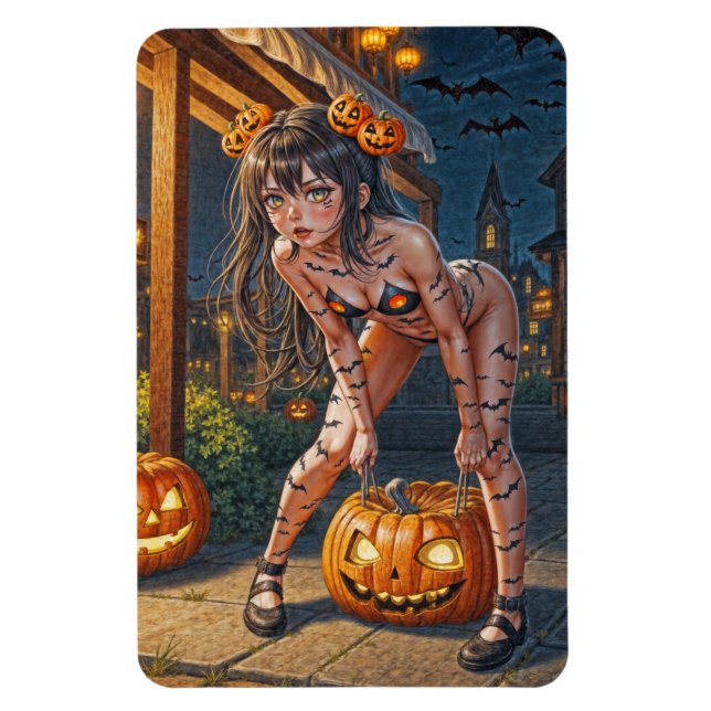 Halloween-monster Jack-o-Lantern & fladdermus-tjej Magnet (Vertikal)