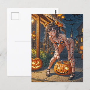 Halloween-monster Jack-o-Lantern & fladdermus-tjej Vykort