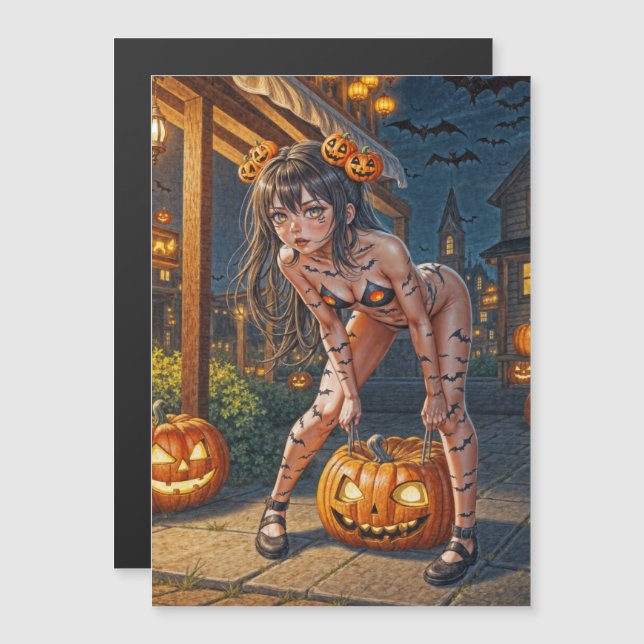 Halloween Monster Jack-o-Lantern & Fladdermus Vixe Magnetisk Inbjudningskort (Fram/baksida)